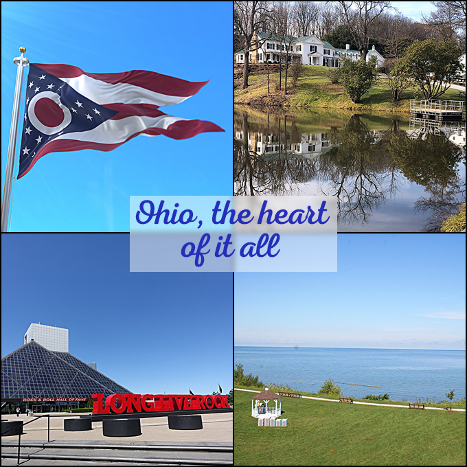 collage of photos of flag of Ohio, Malabar Farm, Rock and Roll Hall of Fame, and Geneva State Park