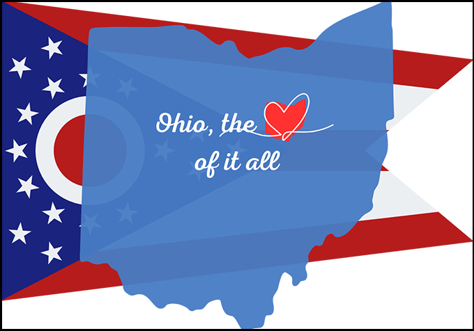 graphic of the Ohio flag and a map of Ohio with Ohio the heart of it all in the center